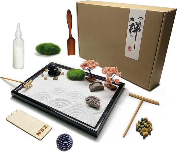 Aovoa Zen Garden for Desk, Japanese Zen Garden Kit with Sand Stamp Sphere and Essential Accessories, Mini Zen Sandbox office Decor Kit for Relaxation, Meditation Gift