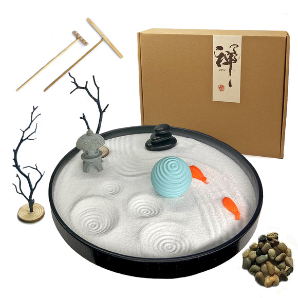 AOVOA Zen Garden Kit, Japanese Zen Garden Gift Set, Zen Decor and Meditation Accessories for Home & Office with Stamp Sphere (Zen Garden with Sand Sphere)